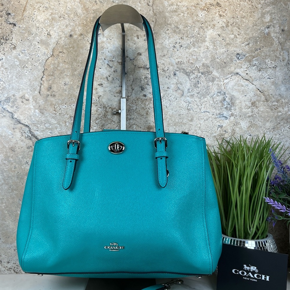 Coach Turnlock Carryall 29 Aqua Blue Teal Leather Shoulder Crossbody Satchel Bag - Picture 3 of 15